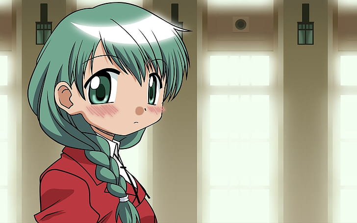 Blushing girl, girl in red top with green hair illustration, anime