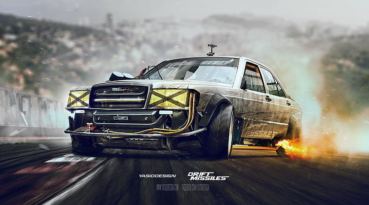 Mercedes-Benz, Drift missile, car, Photoshop, HD wallpaper