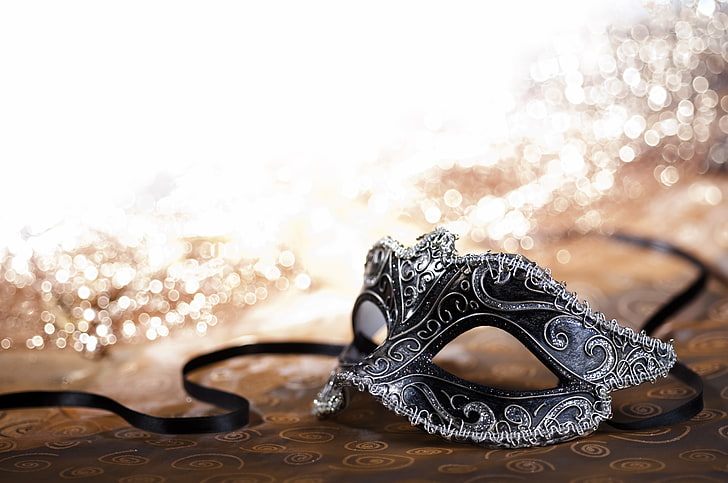 black and gray floral masquerade, gold, silver, sequins, mask