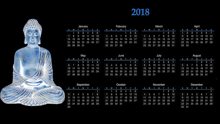 2018 calendar and Gautama Buddha illustration, 2018 (Year), black background, HD wallpaper