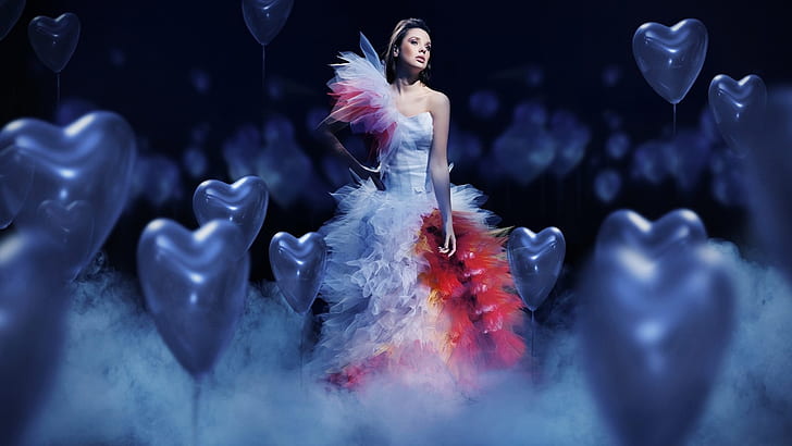 Beautiful white dress girl, love hearts balloons, HD wallpaper