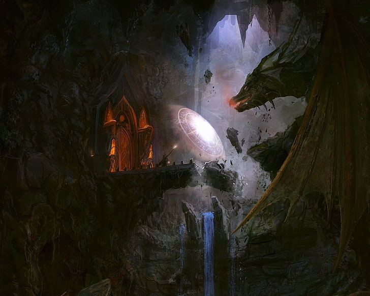 dragon wallpaper, waterfall, wizard, bridge, The Lord of the Rings