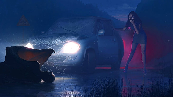 woman beside car shocked because she bumped someone, night, creature