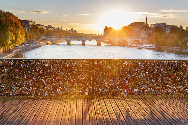 Paris, padlock, city, cityscape, grey concrete bridge, sun, river