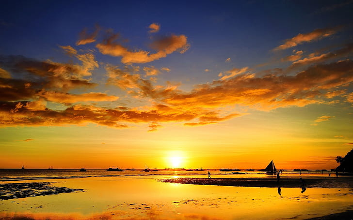 Coast, sunset, sea, people, sailing, ship, HD wallpaper