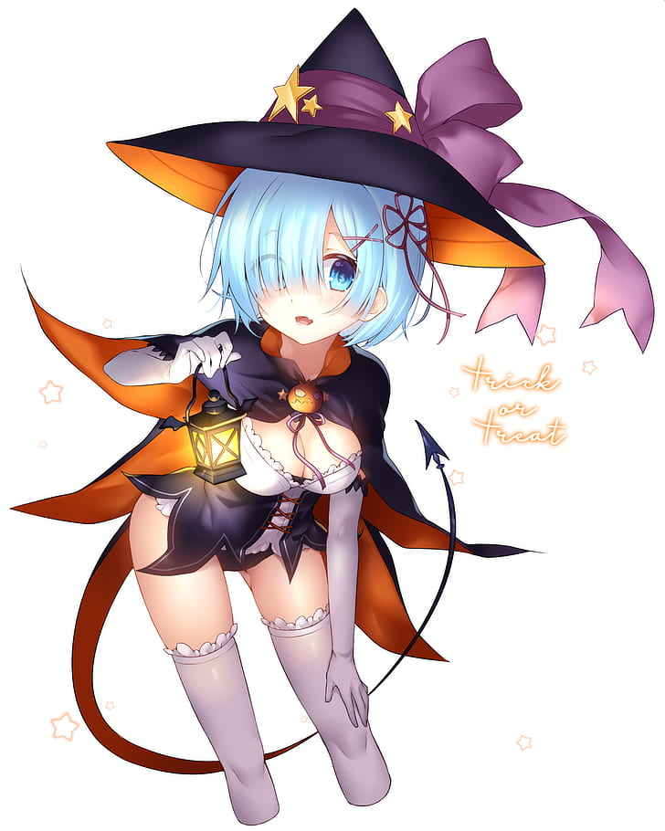 witch, Rem (Re: Zero), hat, lantern, thigh-highs, tail, Halloween