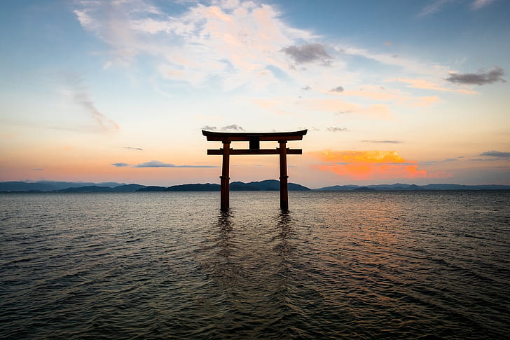 the sky, landscape, the ocean, gate, Japan, torii