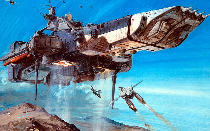 spaceship illustration, anime, Robotech, SDF Macross, blue, nature, HD wallpaper