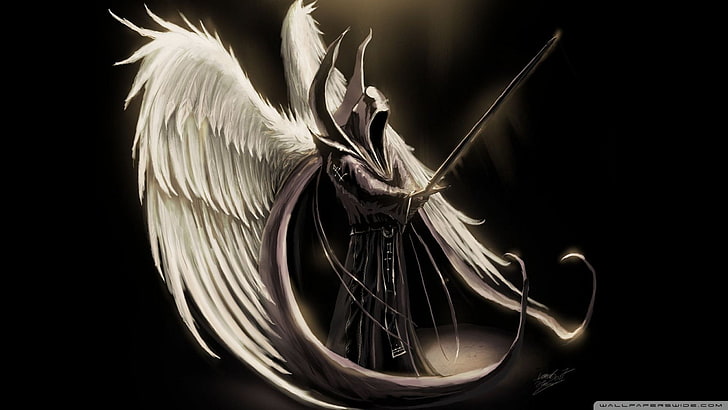 angel holding sword wallpaper, black background, indoors, studio shot