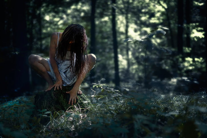 women, nature, spooky, real people, one person, forest, plant