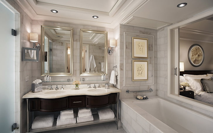 white bathtub and white ceramic sink, bathroom, furniture, bathroom fixtures, HD wallpaper