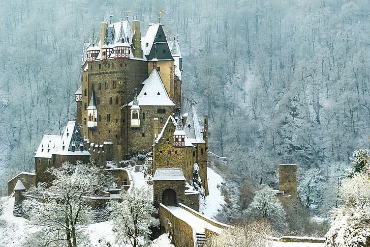 Castle Eltz, Germany, forest, snow covered, winter, HD wallpaper