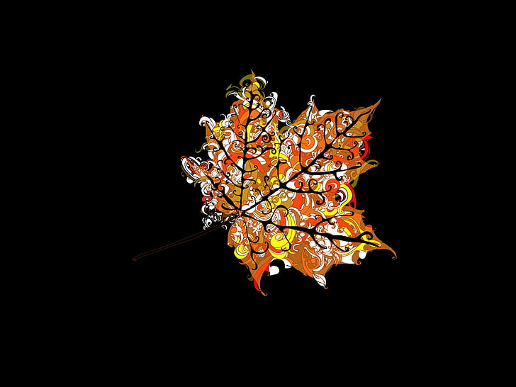 multicolored maple leaf illustration, brown, red, and yellow maple leaf with black background
