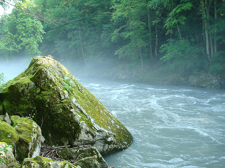 green mossy rock, mountain river, stone, adygea, nature, waterfall, HD wallpaper
