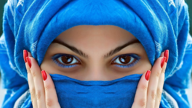 women's blue headscarf, face, eyes, brown-eyed, manicure, human Face