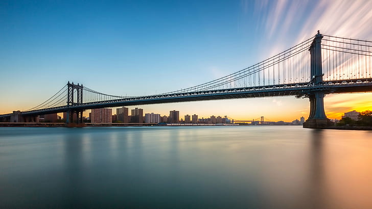 bridge above calm body of water at sunset, Manhattan Bridge, Sunrise, HD wallpaper