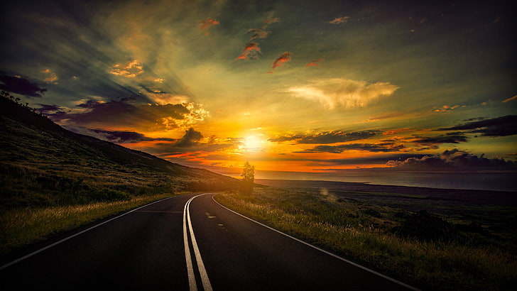 road, bend, horizon, nature, cloud, sky, sunset, landscape, HD wallpaper
