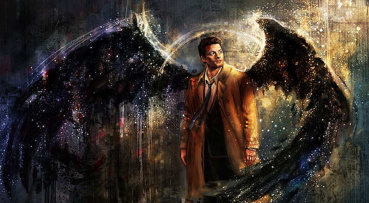 Supernatural wallpaper, Castiel, drawing, artwork, wings, painting, HD wallpaper