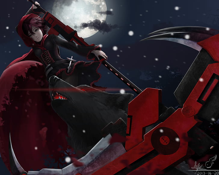Ruby Rose (character), anime girls, weapon, wolf, RWBY, Crescent Rose, HD wallpaper