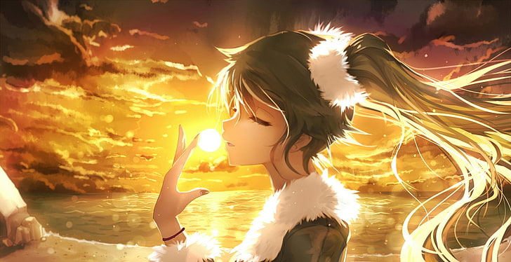 brown haired female anime character, the sky, girl, the sun, clouds