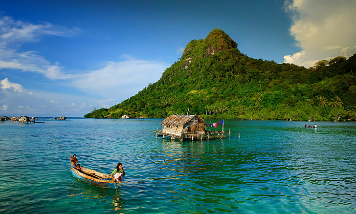 brown wooden boat, nature, landscape, island, Indonesia, children, HD wallpaper