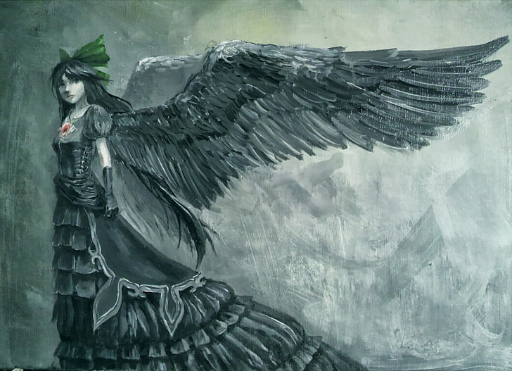 fantasy art, angel, wings, Gothic, fantasy girl, animal, animal themes, HD wallpaper