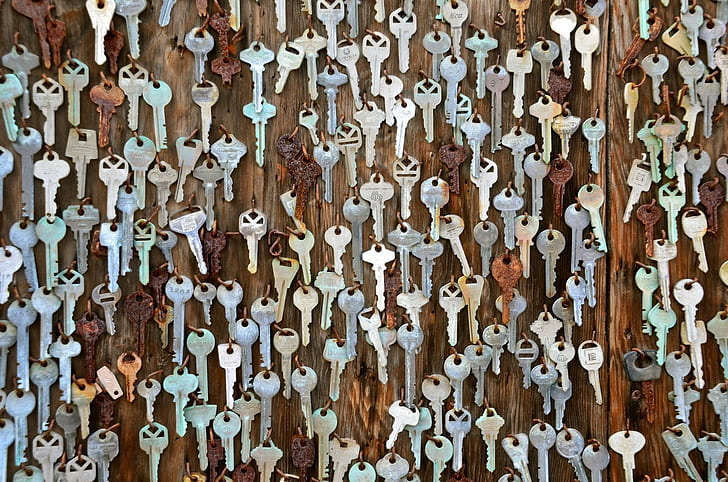 keys, metal, brown, rust, wooden surface
