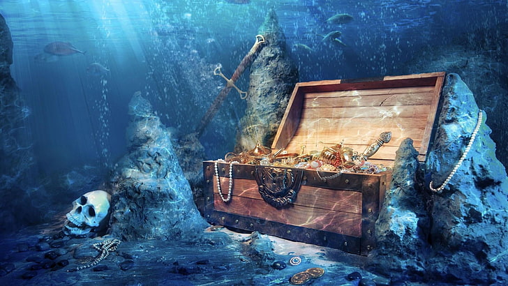 treasure, treasure chest, gold, underwater, fantasy art, skull