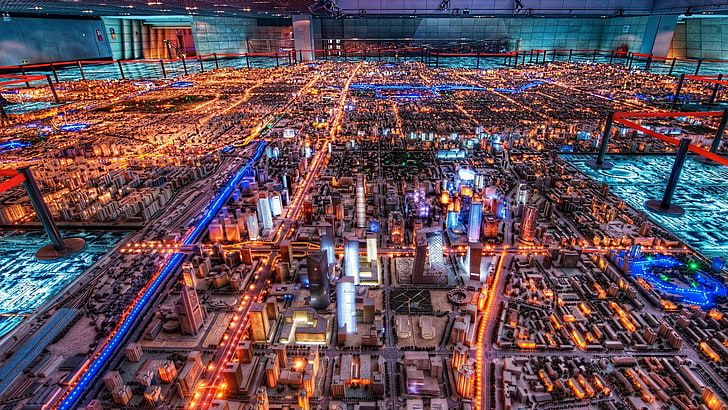 city buildings miniature, China, illuminated, high angle view