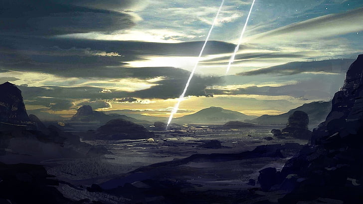 meteor illustration, artwork, fantasy art, Sun, asteroid, landscape