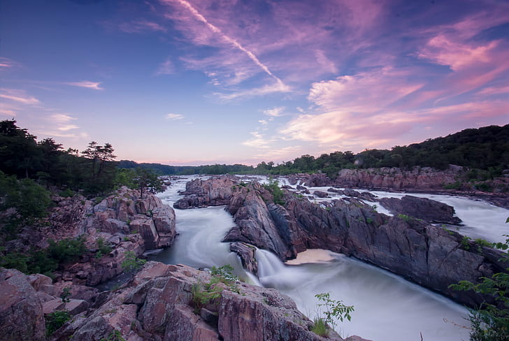 photography of flowing water in mountain, Great Falls, VA, purple