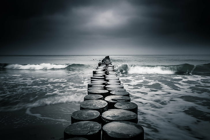 grayscale photography of dock, ostsee, baltic  sea, meer, wustrow, HD wallpaper