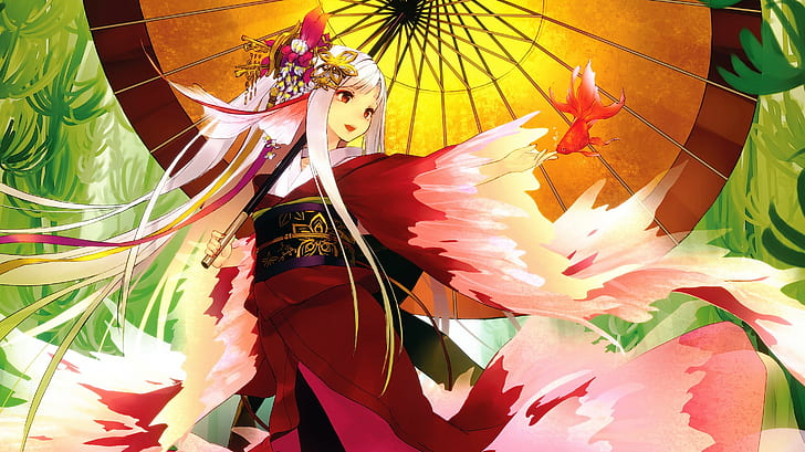 anime girls, umbrella, fish, kimono, Japanese umbrella, original characters