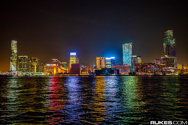 Rukes, photography, city, cityscape, city lights, water, Hong Kong