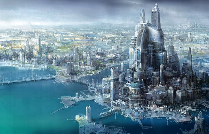 cityscape painting, futuristic, science fiction, futuristic city