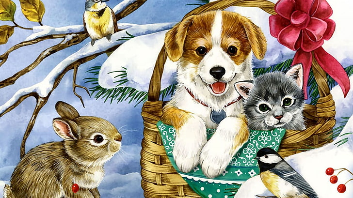 Winter Bild mit Tiere, Kaninchen, Hund, Deutschland, domestic, HD wallpaper