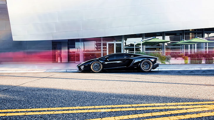 black supercar, Lamborghini Aventador, transportation, architecture, HD wallpaper