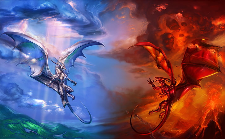 blue and red fire dragon wallpaper