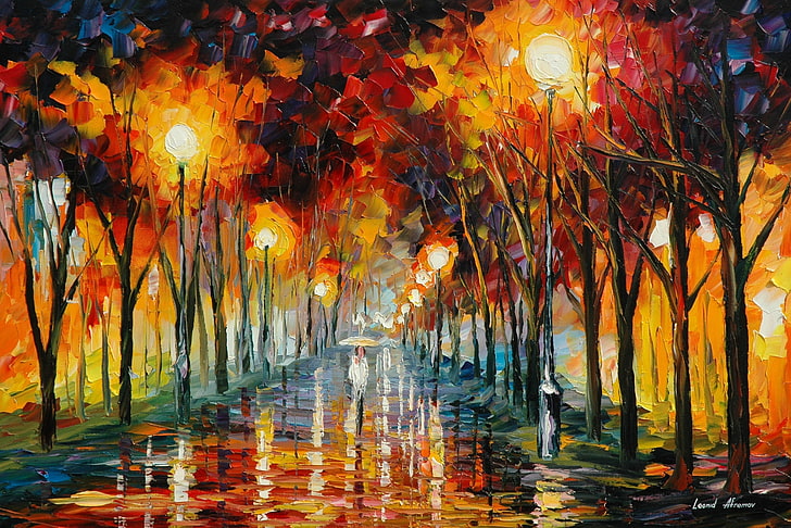 orange leafed trees painting, road, reflection, umbrella, rain