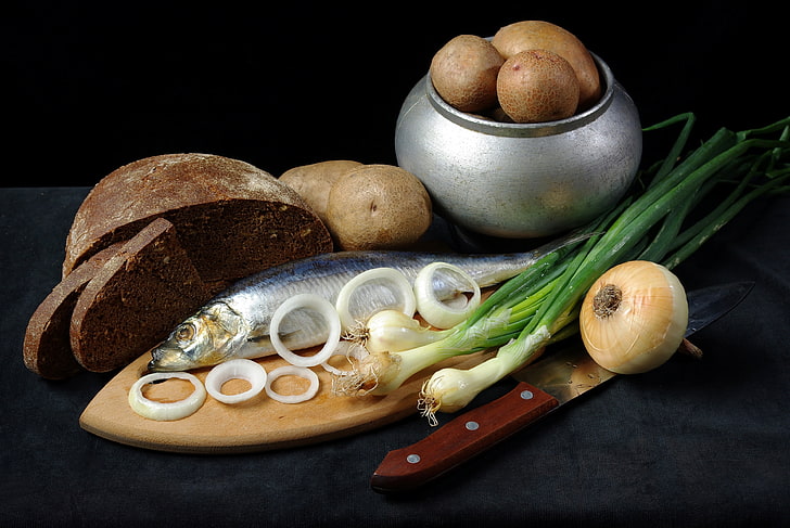 brown potatoes, herring, bread, food, freshness, meal, cooking