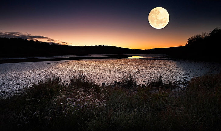 full moon digital wallpaper, landscape, nature, evening, river