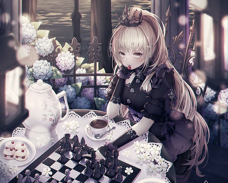 Anime, Original, Blonde, Carnation, Chess, Crown, Flower, Long Hair