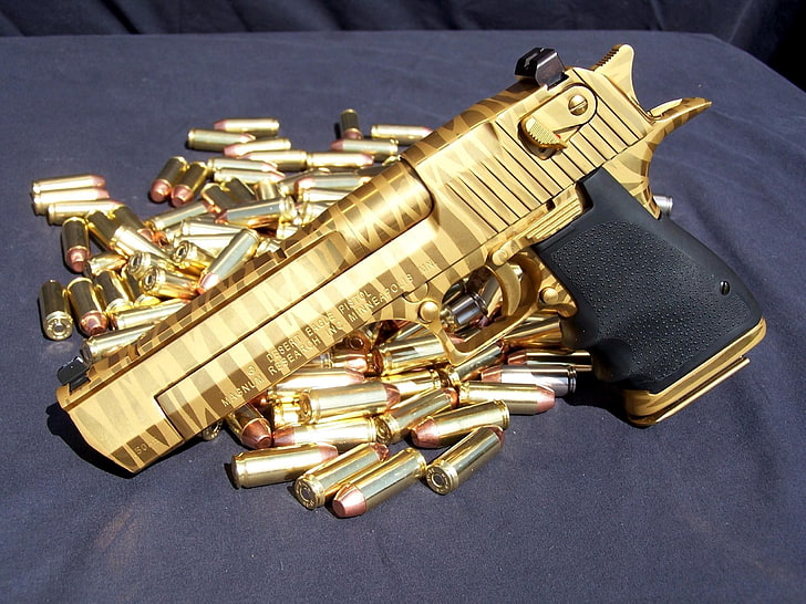 weapon, Desert Eagle, pistol, army, military, ammunition, gold colored