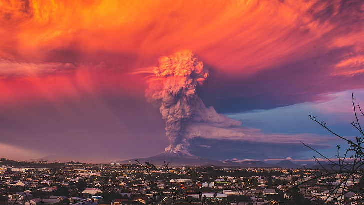 buildings, Calbuco Volcano, clouds, eruptions, landscape, Chile