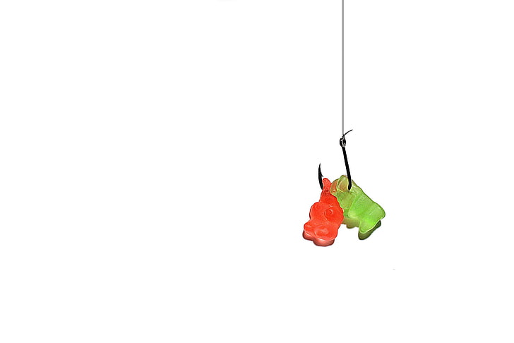 two green and red gummy bears, minimalism, digital art, fish hooks