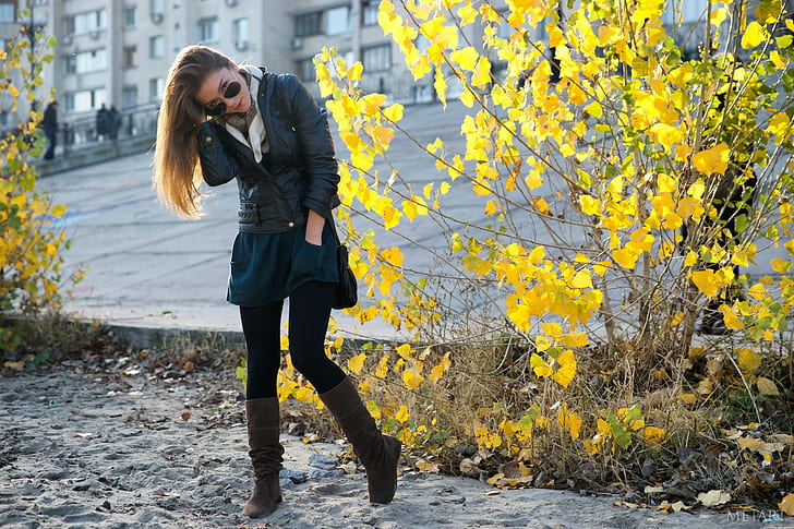 women, model, women with shades, leather jackets, Lily C, hands in pockets