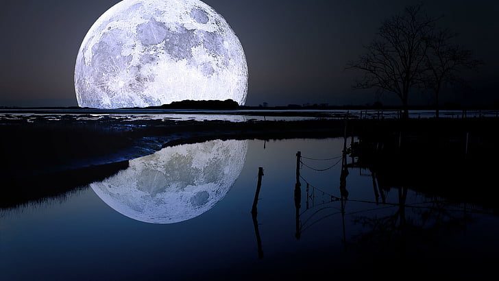 moon, lake, full moon, reflected, reflection, night sky, supermoon