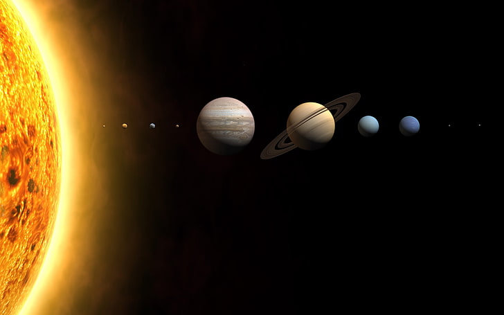 four assorted planets, space, Earth, Mars, Saturn, Sun, Jupiter