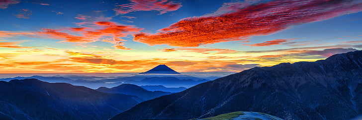 Mount Fuji, Mountains, Sunset, Landscape, Panorama, 4K, 8K