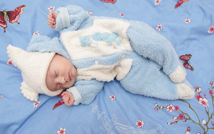 baby's white and teal pajama, kid, sleep, child, cute, small, HD wallpaper
